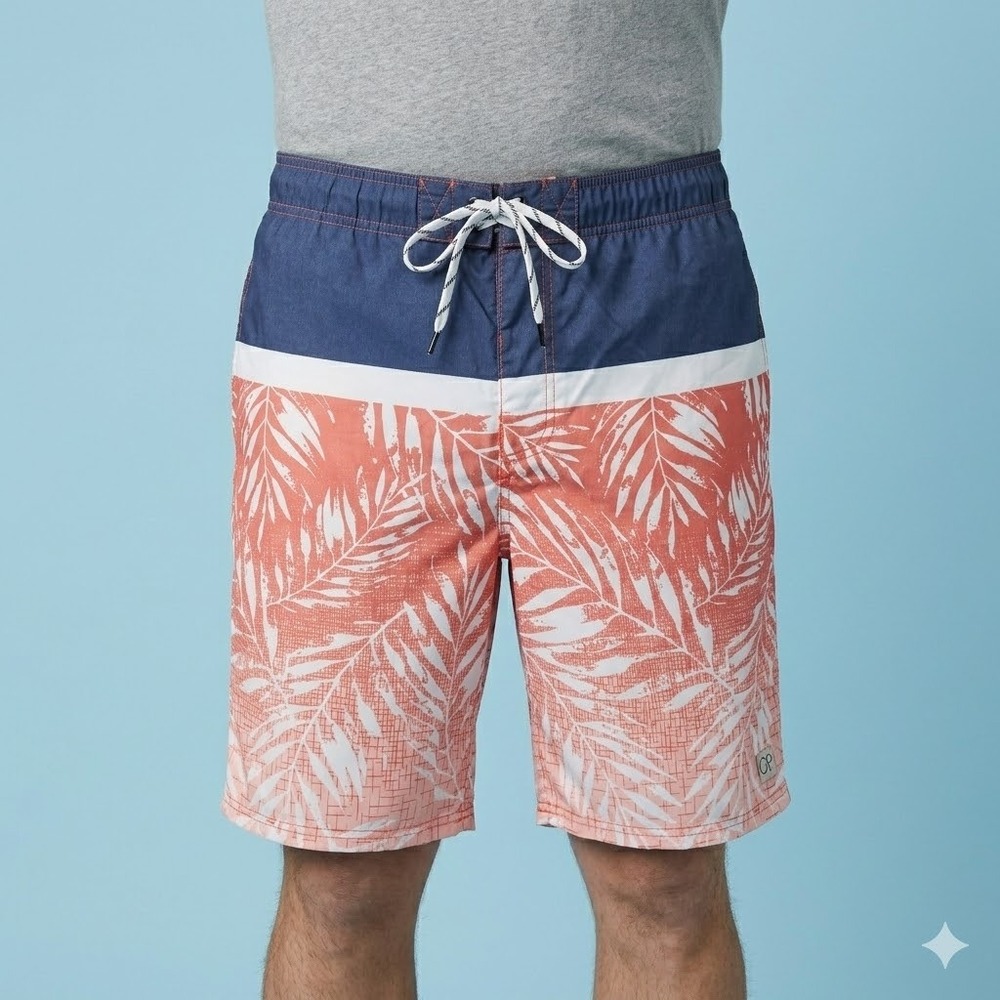 Ocean Pacific Tropical Swim Trunks Mesh‎ Lining Navy Coral Large 36-38 EUC